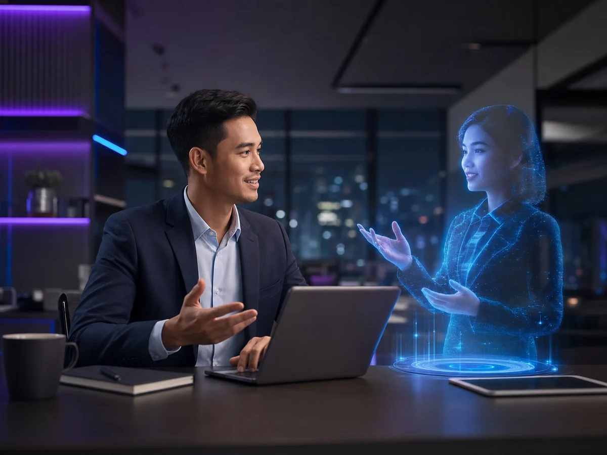 Human professional collaborating with an intelligent digital assistant in a futuristic workplace