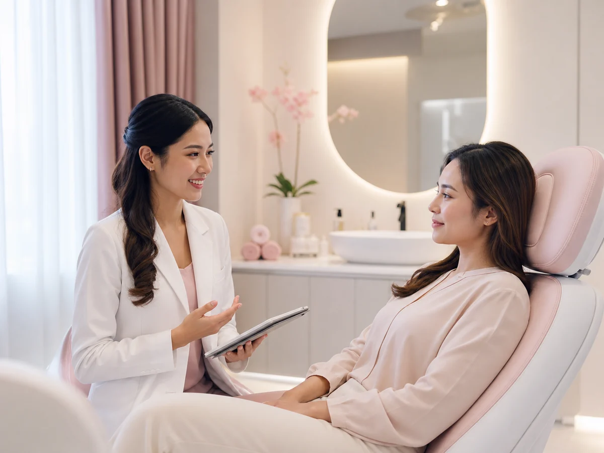 Healthcare professional consulting a patient in a clean contemporary clinic environment