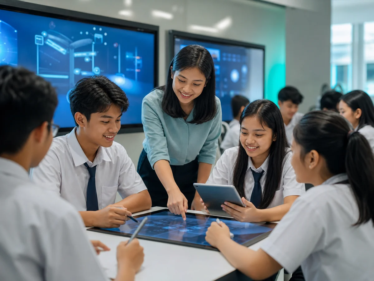 Students and instructor collaborating with digital learning displays in a modern classroom