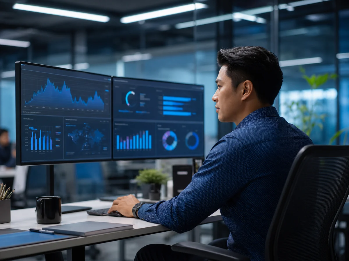 Financial services professional reviewing secure digital lending and analytics dashboards