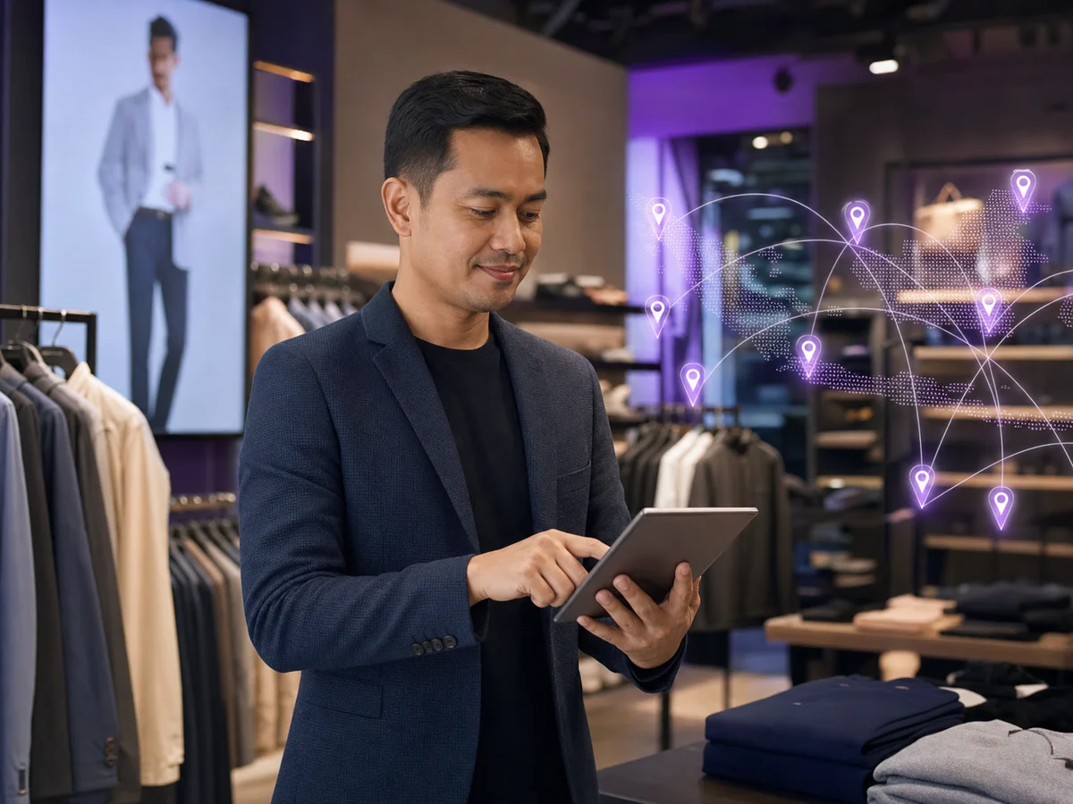 Multi-location business manager reviewing connected franchise operations and outlet performance