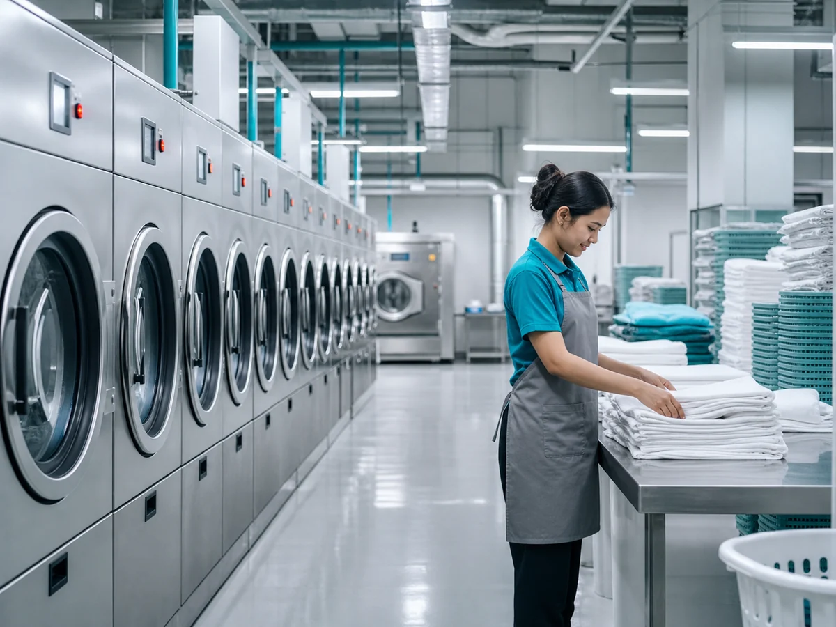 Commercial laundry facility with modern connected washing machines and organized operations