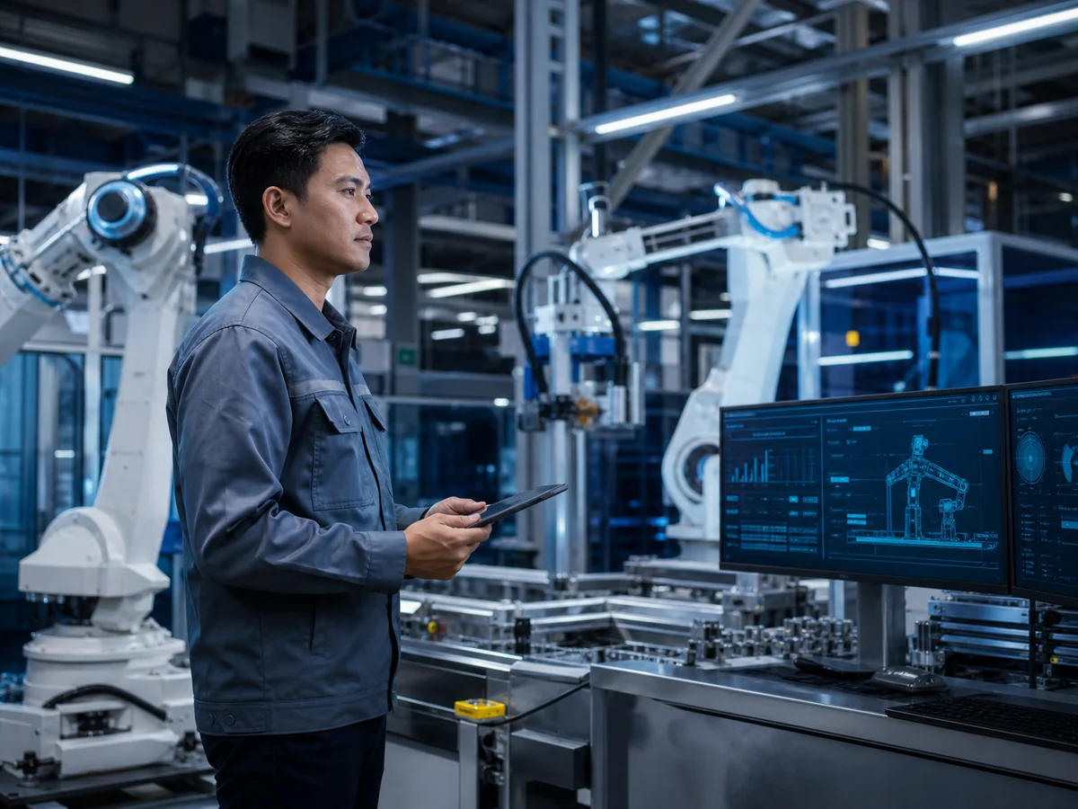 Engineer monitoring automated production equipment inside a modern manufacturing facility
