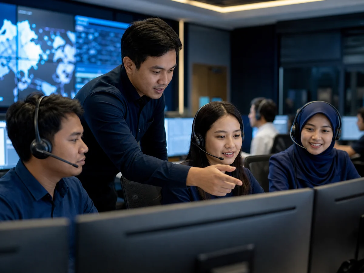 Professional service team working together in a modern operations center