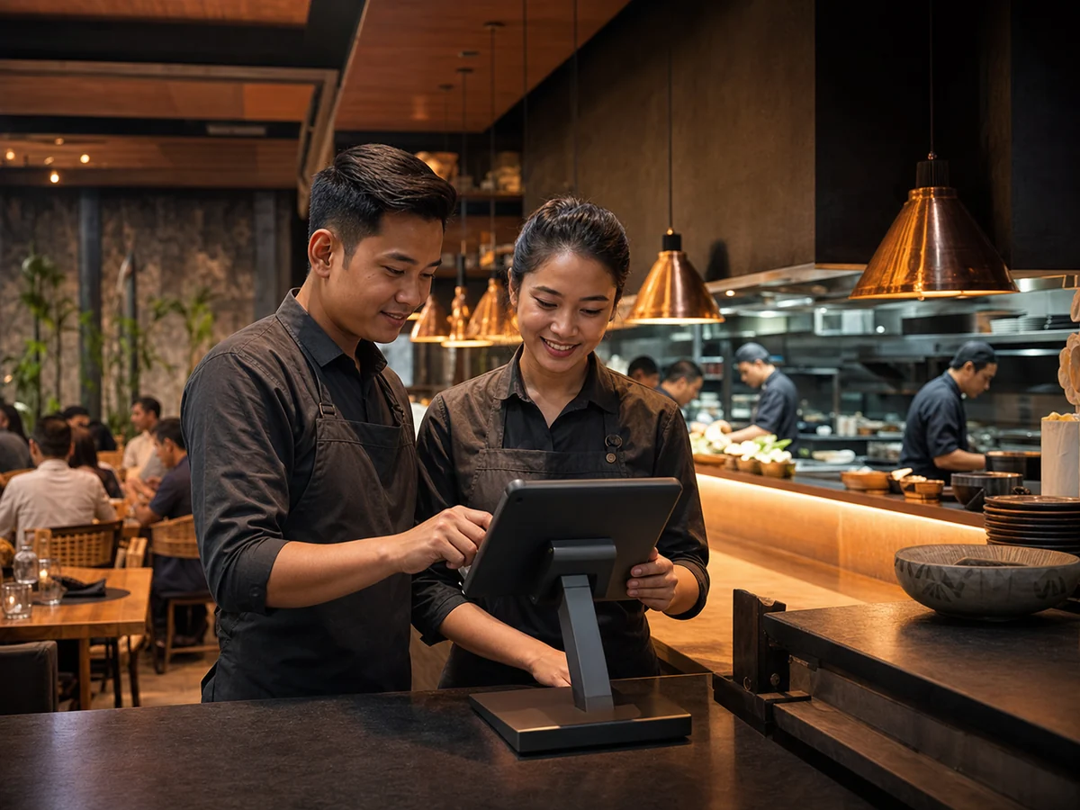 Restaurant team operating a digital ordering system in a contemporary dining venue