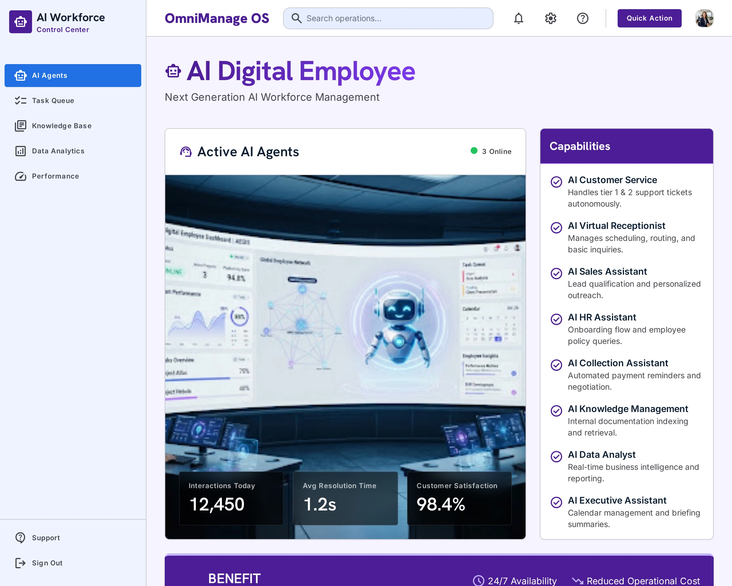 Human professional collaborating with an intelligent digital assistant in a futuristic workplace