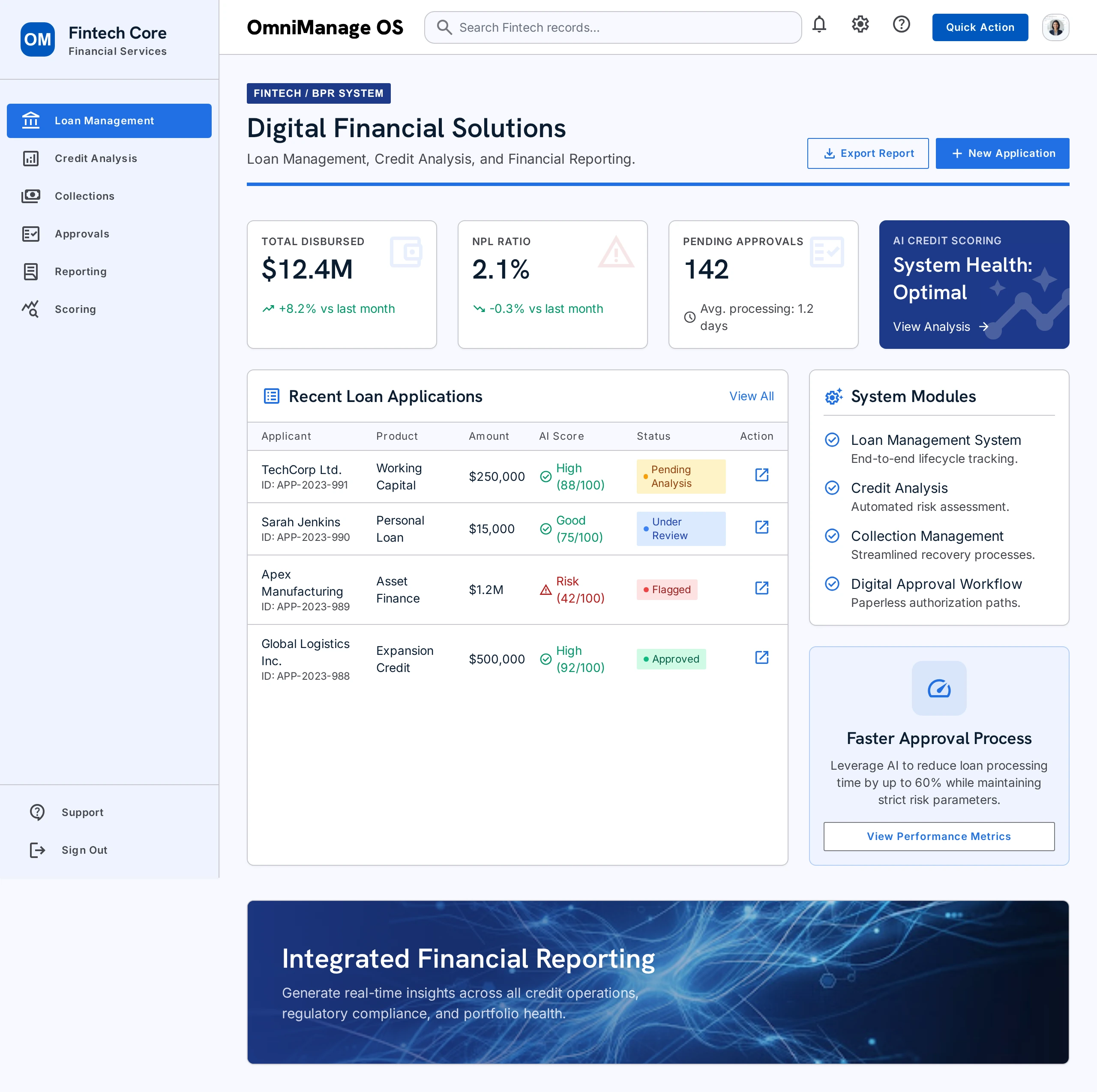Financial services professional reviewing secure digital lending and analytics dashboards