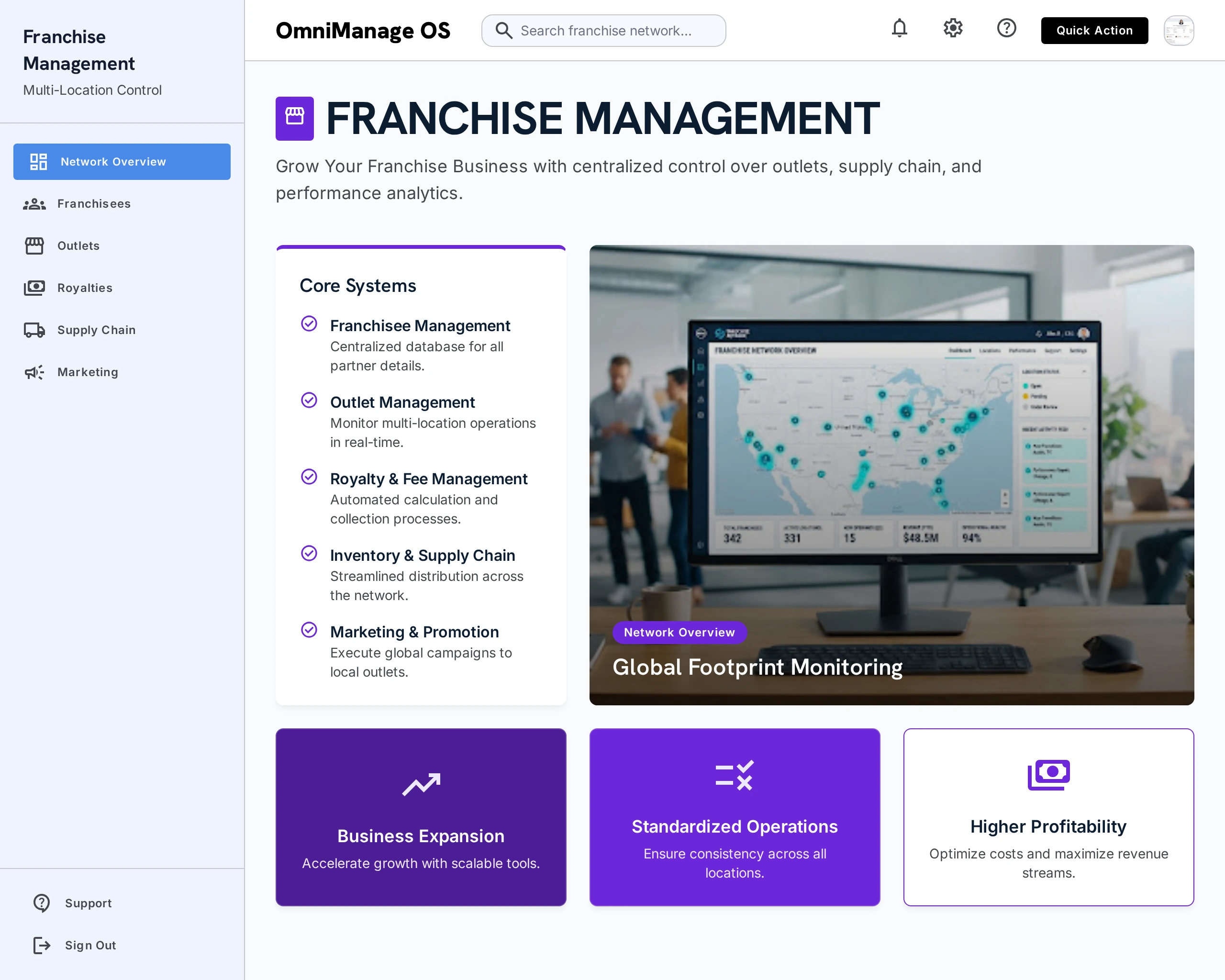 Multi-location business manager reviewing connected franchise operations and outlet performance