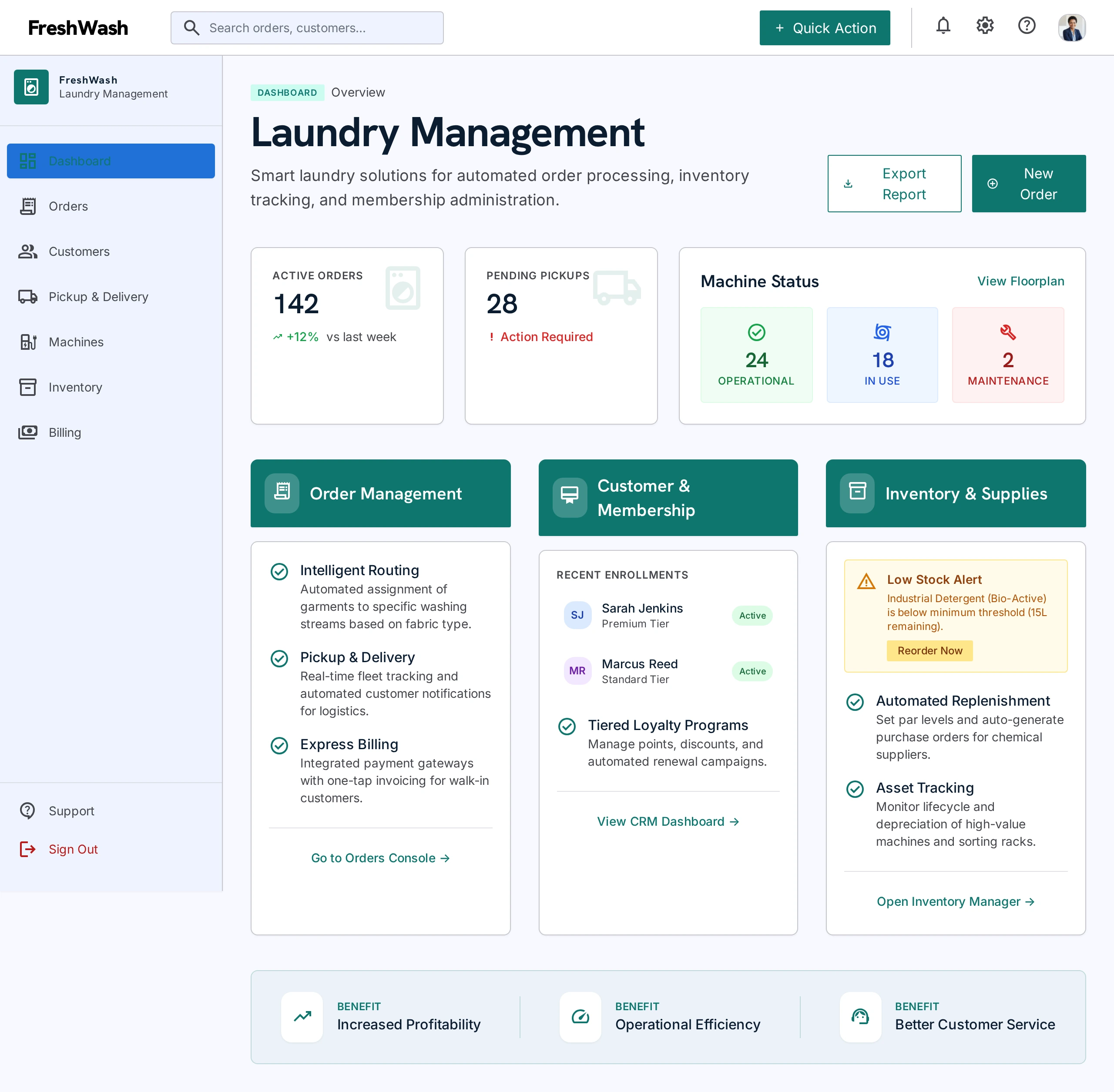 Commercial laundry facility with modern connected washing machines and organized operations